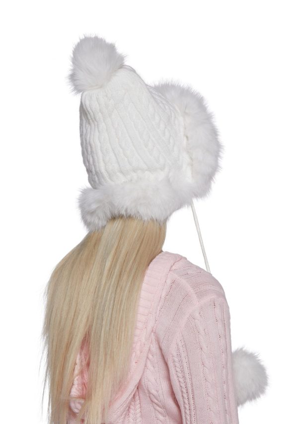 Bubble Pop Faux Fur Hat With Pom Poms -White
