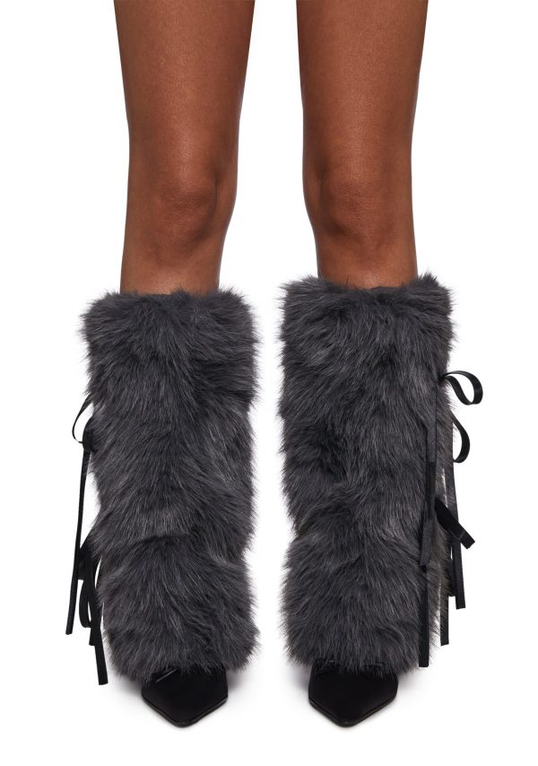 Midnight Muse Bow Faux Fur Warmers ??Gray