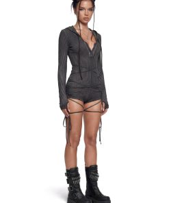 Alternative view of Crossfade Hooded Long Sleeve Romper - Black