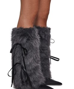 Midnight Muse Bow Faux Fur Warmers -Gray