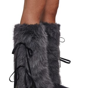 Midnight Muse Bow Faux Fur Warmers ??Gray