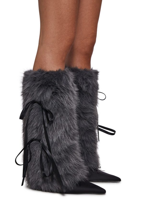 Midnight Muse Bow Faux Fur Warmers ??Gray