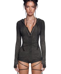 Crossfade Hooded Long Sleeve Romper - Black