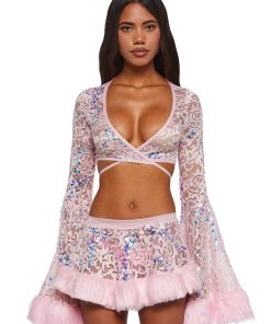 Sequin Faux Fur Trimmed Wrap Top - Pink