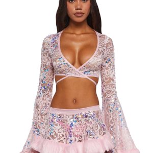 Sequin Faux Fur Trimmed Wrap Top ?C Pink
