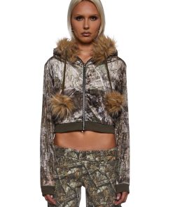 Camo Velour Hoodie With Faux Fur Trim