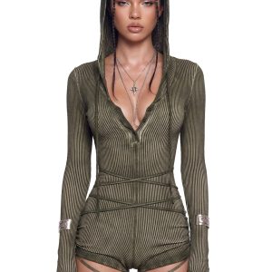Crossfade Hooded Long Sleeve Romper ?C Green