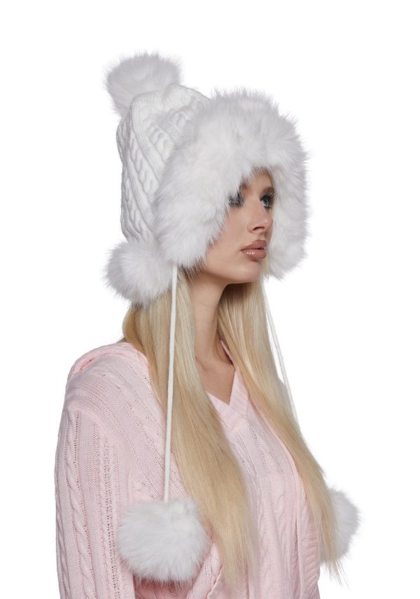 Bubble Pop Faux Fur Hat With Pom Poms -White