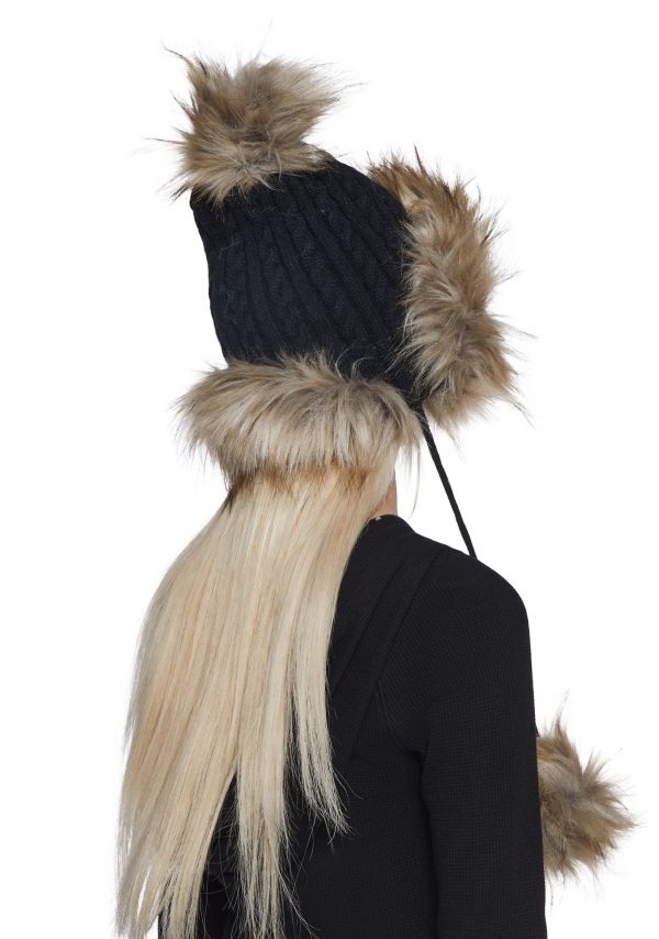 Bubble Pop Faux Fur Hat With Pom Poms -Black