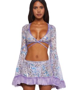 Sequin Faux Fur Trimmed Wrap Top - Lavender