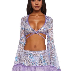 Sequin Faux Fur Trimmed Wrap Top ?C Lavender