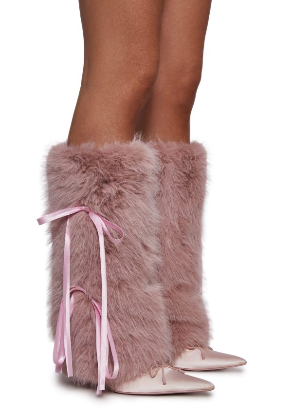 Midnight Muse Bow Faux Fur Warmers -Pink