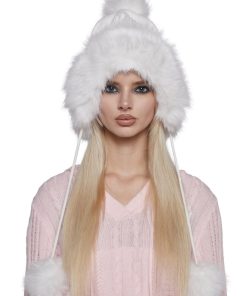 Bubble Pop Faux Fur Hat With Pom Poms -White