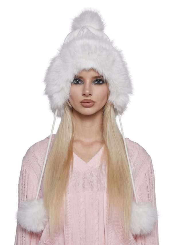 Bubble Pop Faux Fur Hat With Pom Poms -White