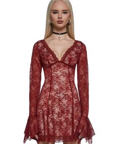 Mary Jane Lace Dress - Red