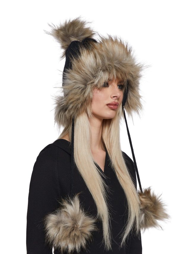 Bubble Pop Faux Fur Hat With Pom Poms -Black