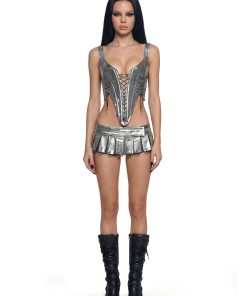 Alternative view of Pleated Denim Mini Skirt With Rings - Silver