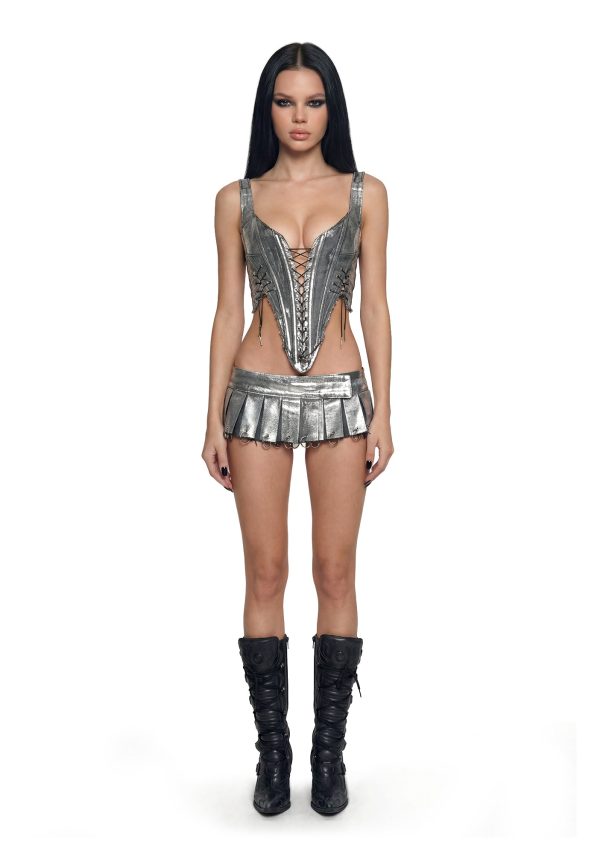 Pleated Denim Mini Skirt With Rings - Silver