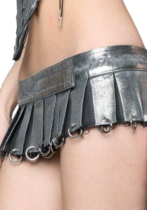 Pleated Denim Mini Skirt With Rings - Silver
