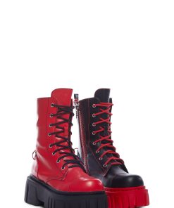 Devil Games Mismatched Combat Boots - Red